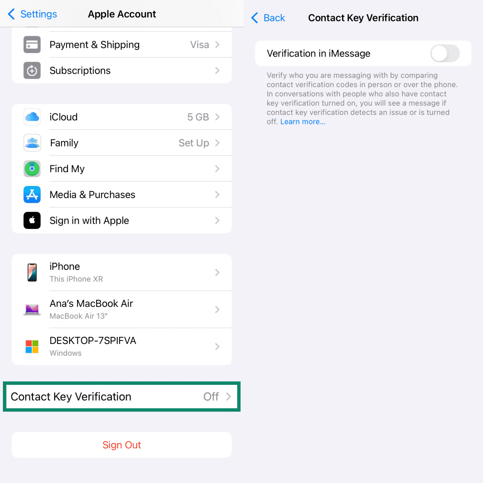 Two side-by-side iPhone screens for iMessage Contact Key Verification, indicating that the feature is ready to be turned on.