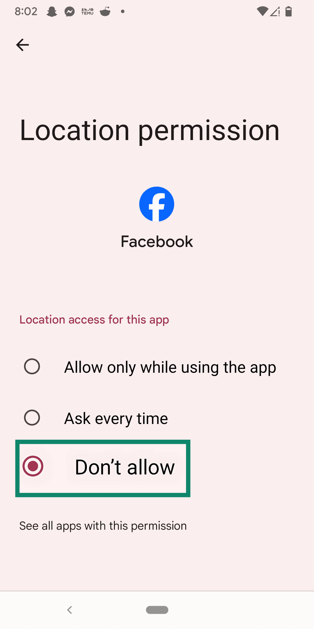 Choosing Don't allow in the Facebook location permissions.