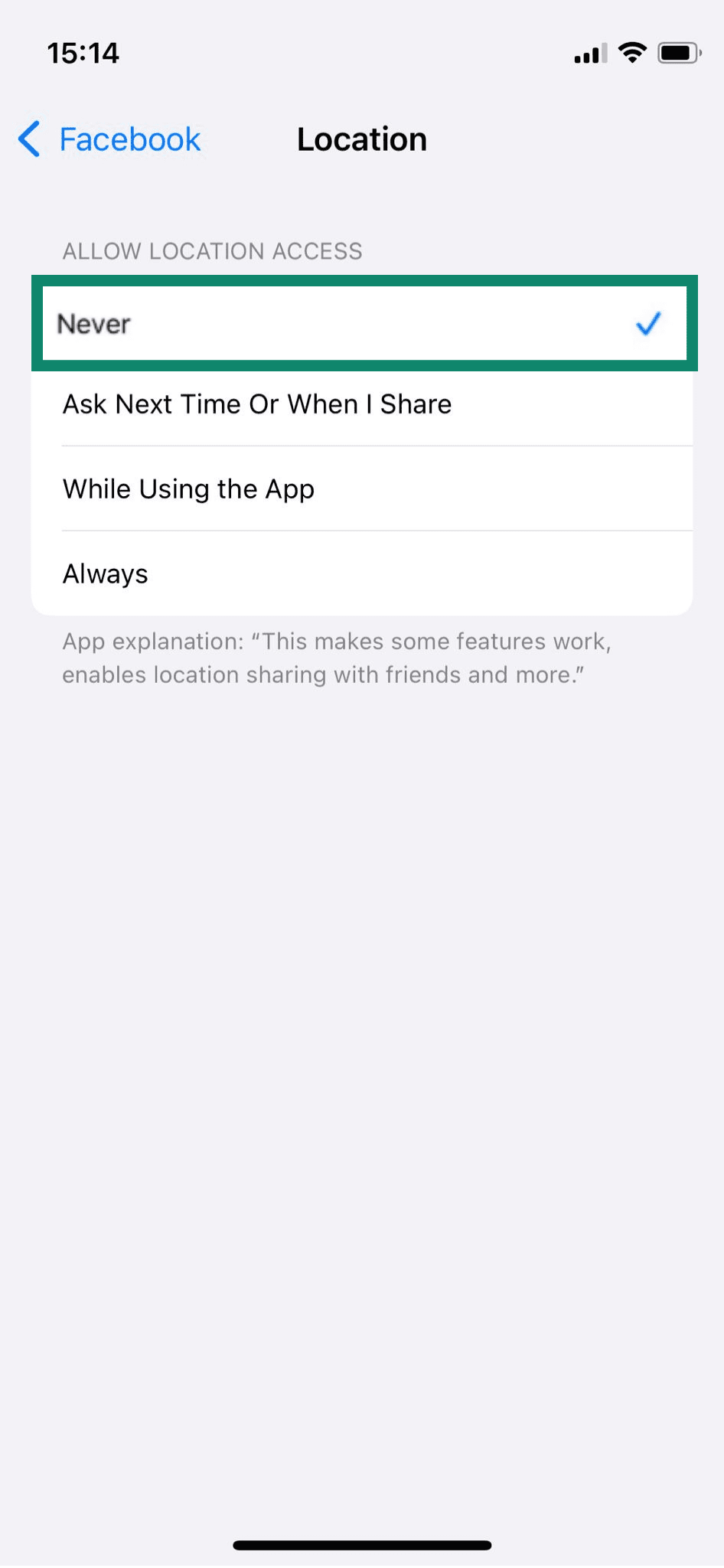 The Facebook Location settings on an iPhone with the "Never" option highlighted.