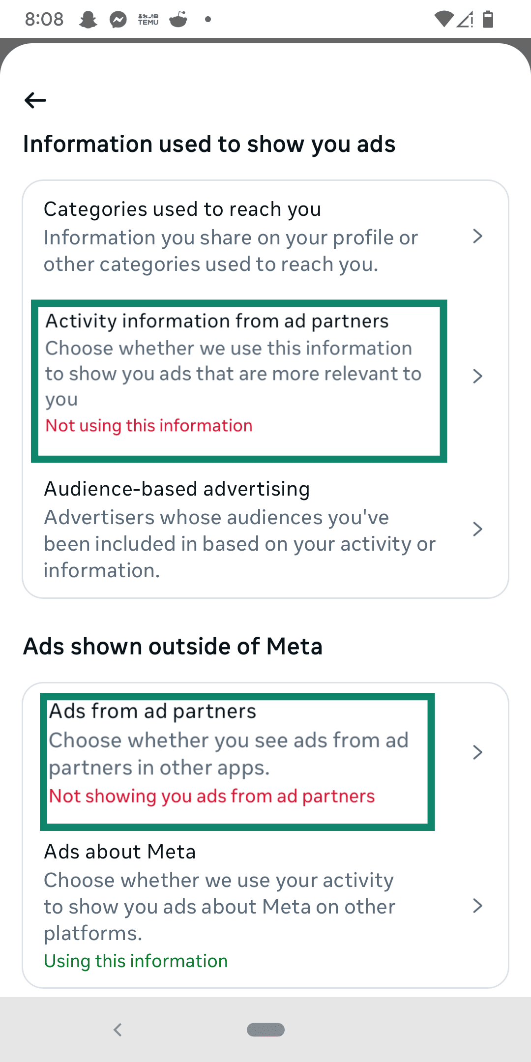 Turning off personalized ads on Meta.