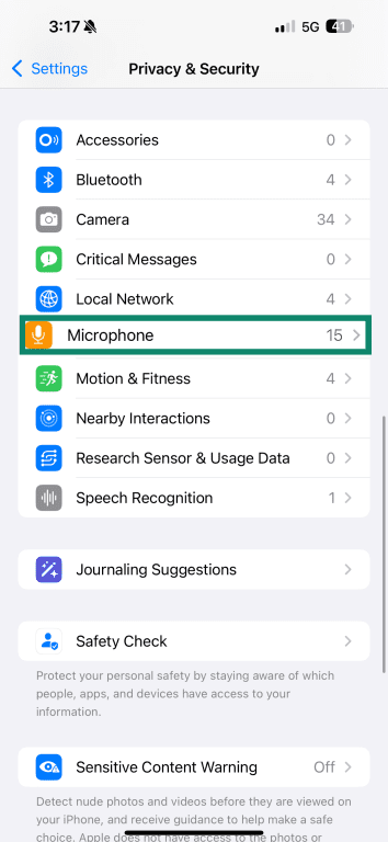 The iOS Microphone option under Privacy & Security.