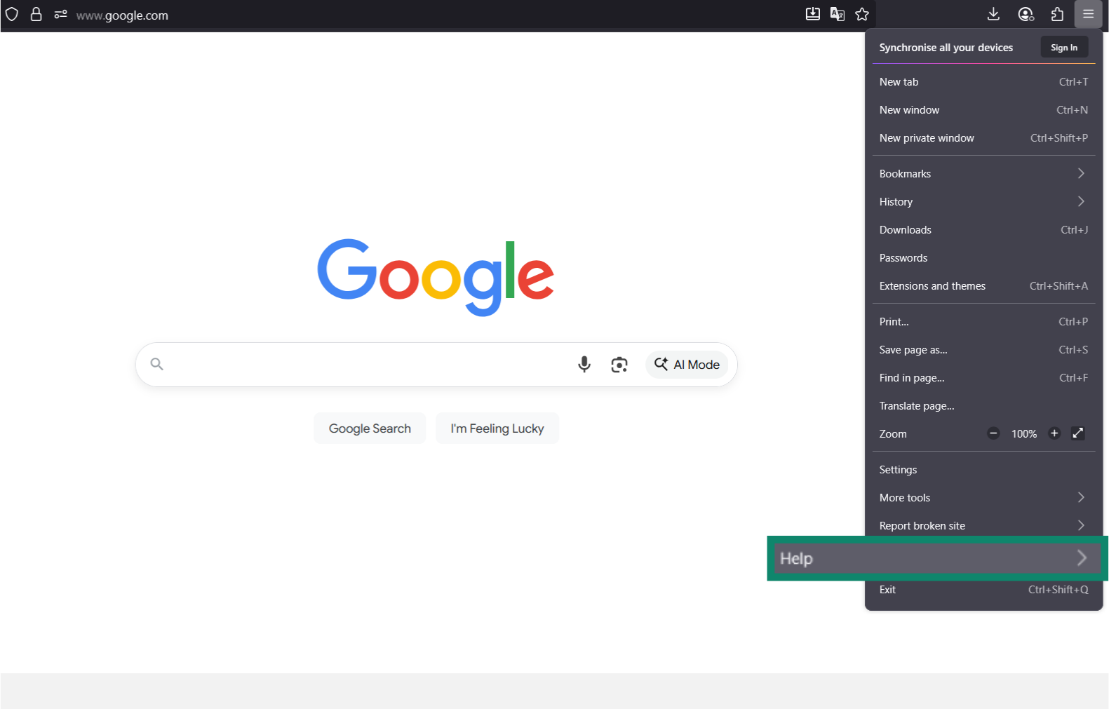 A screenshot of a Mozilla Firefox browser window, showing the drop-down menu and Help option.