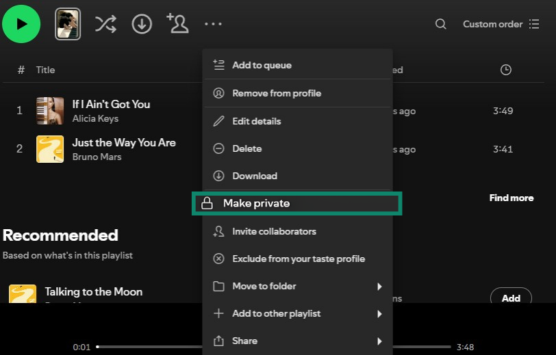 Spotify playlist options menu highlighting Make private.