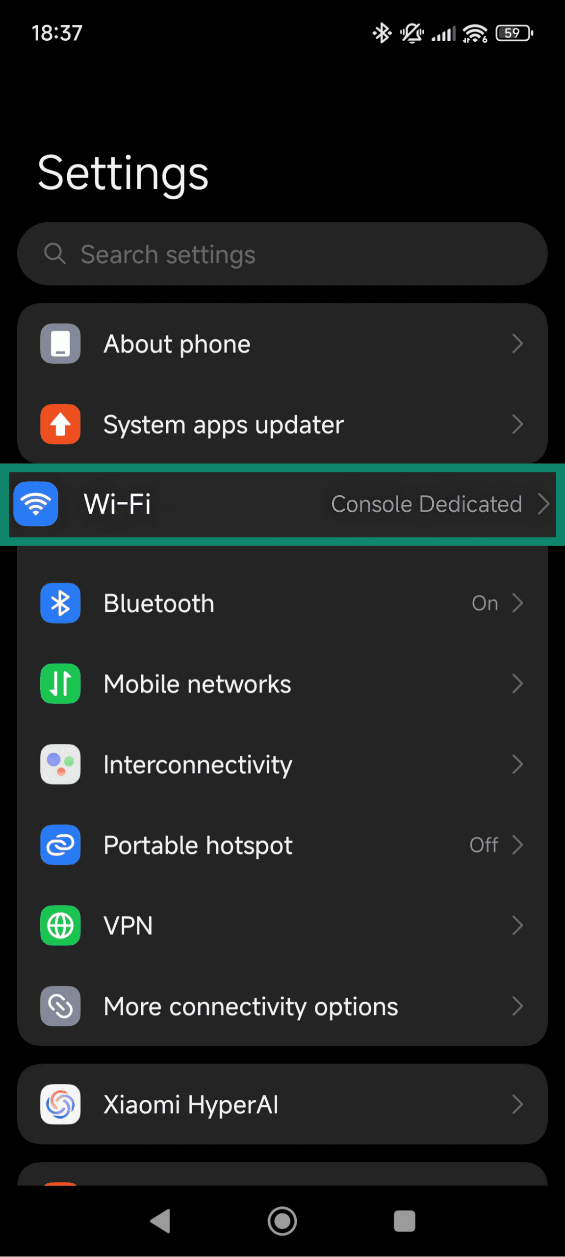 Android settings screen.