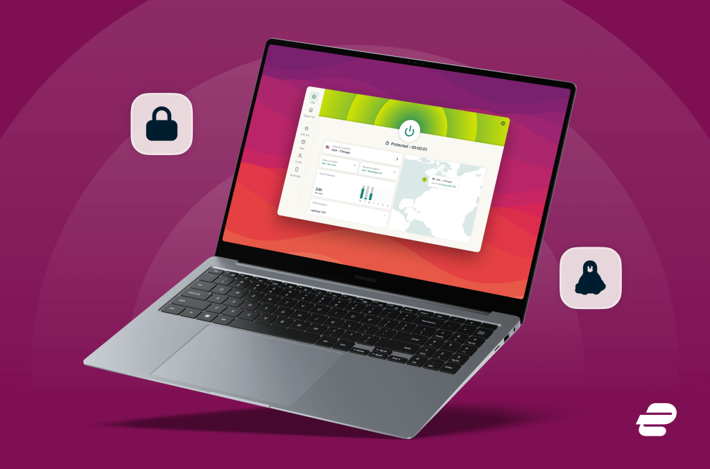 ExpressVPN Qt-based app running on laptop against purple background