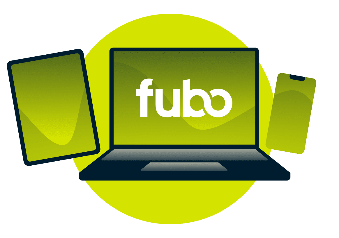 A laptop, tablet, and phone, with the Fubo logo.