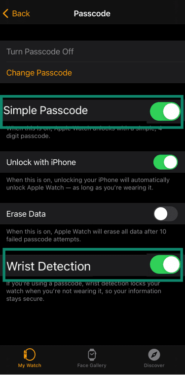 iPhone's Watch app showing passcode settings page.