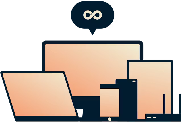 Unlimited bandwidth - An infinity symbol over an assortment of devices. 