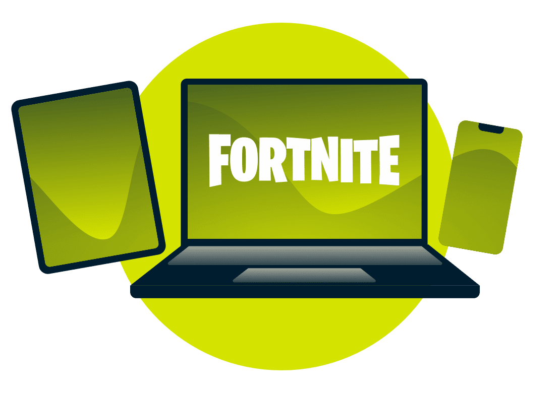 Ulike enheter med Fortnite-logo.