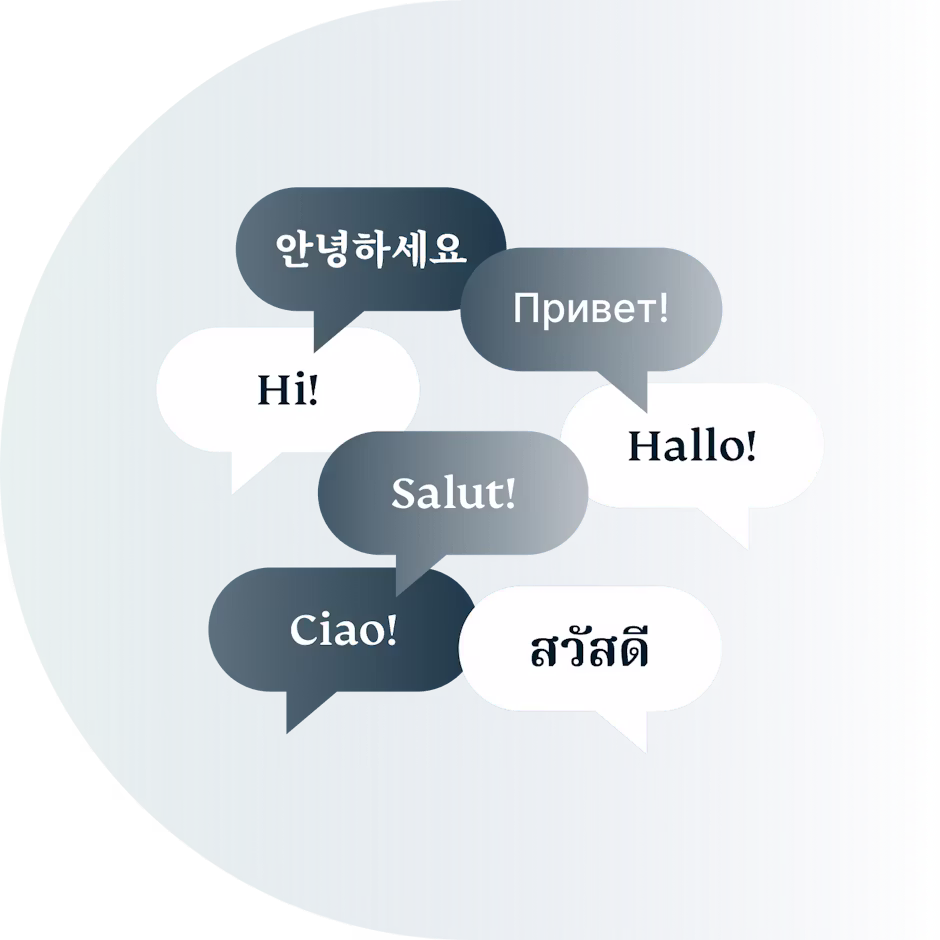 Speech bubbles containing various foreign greetings.