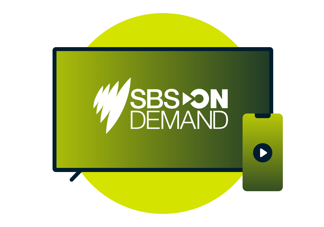Television screen, smartphone, and SBS On Demand logo.