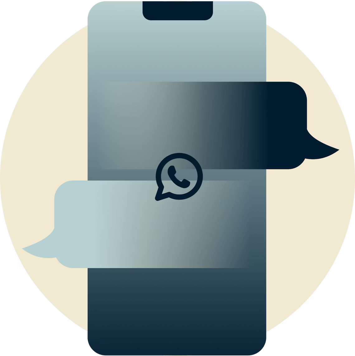 WhatsApp-pictogram boven chatbubbels op een telefoon.