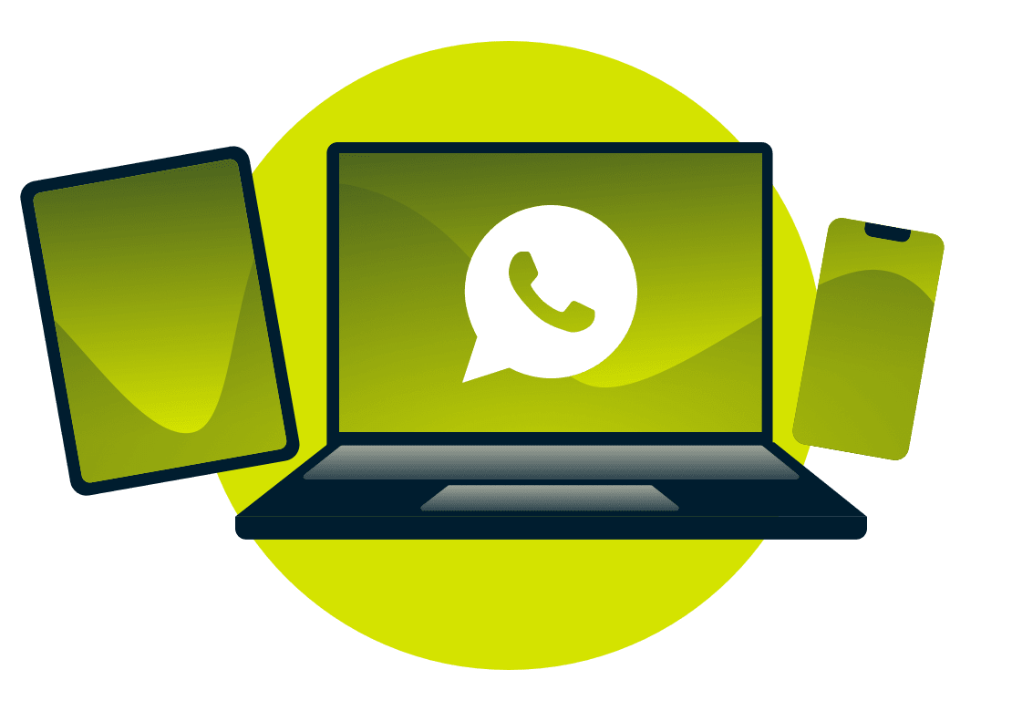 Een laptop, tablet en telefoon, met het WhatsApp-logo.