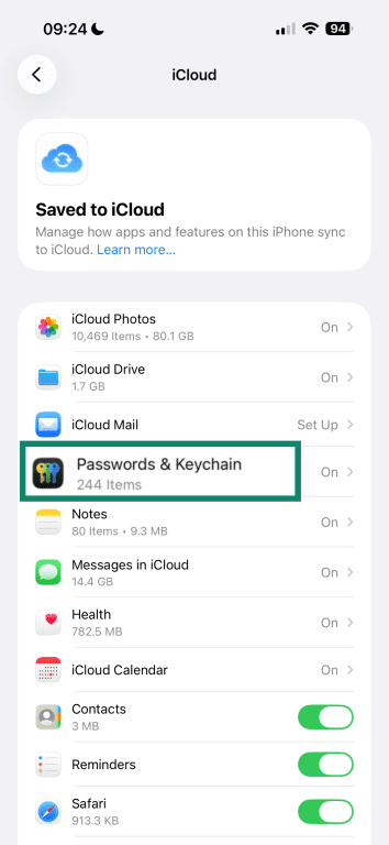 Apple Passwords & Keychain settings.