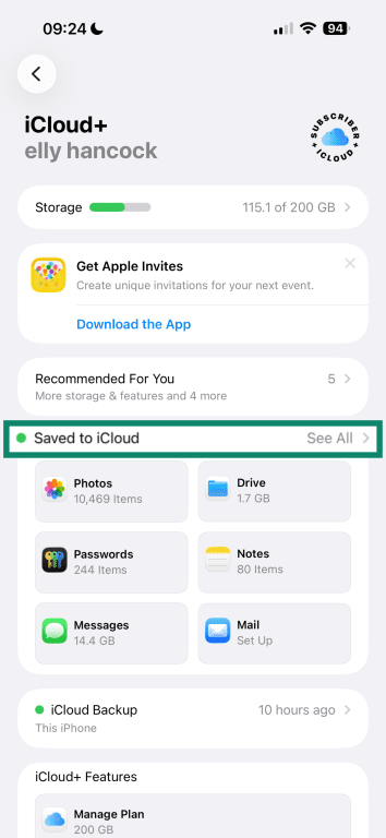 Apple iCloud settings.