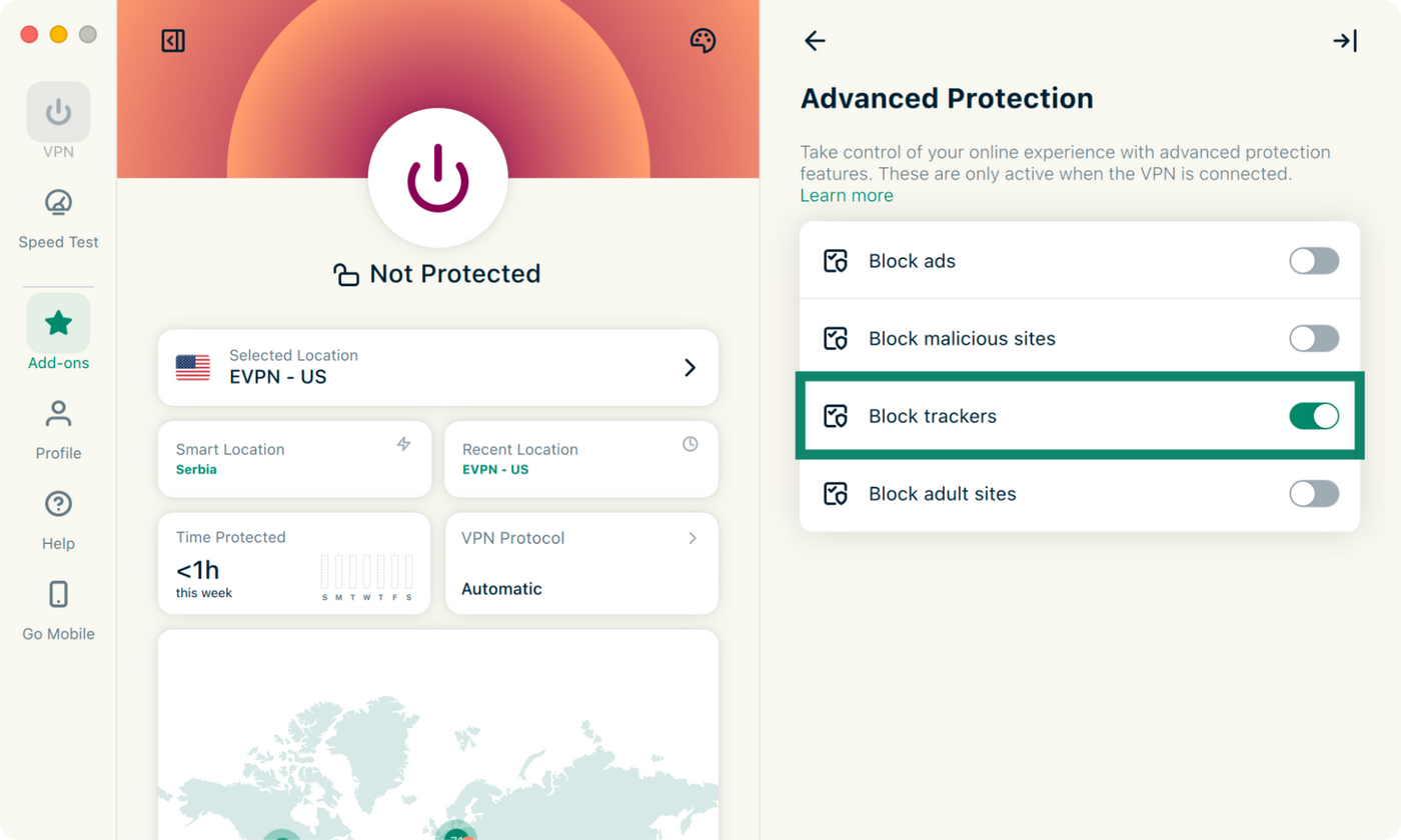 ExpressVPN’s Advanced Protection settings with Block trackers turned on.