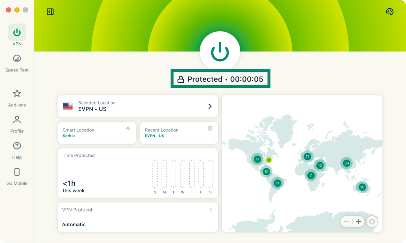 ExpressVPN for Mac connected to a VPN server with the Protected status displayed.