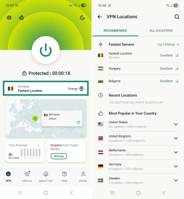 Android ExpressVPN app with the Change location widget highlighted and the screen of available VPN locations.