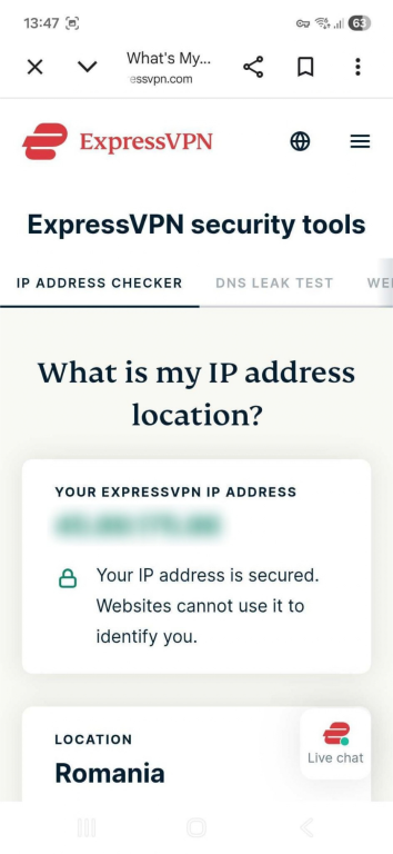 ExpressVPN IP address checker on Android showing a secured ExpressVPN IP address in Romania.