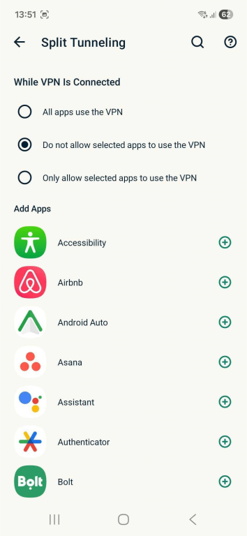 ExpressVPN split tunneling set to Do not allow selected apps to use the VPN.